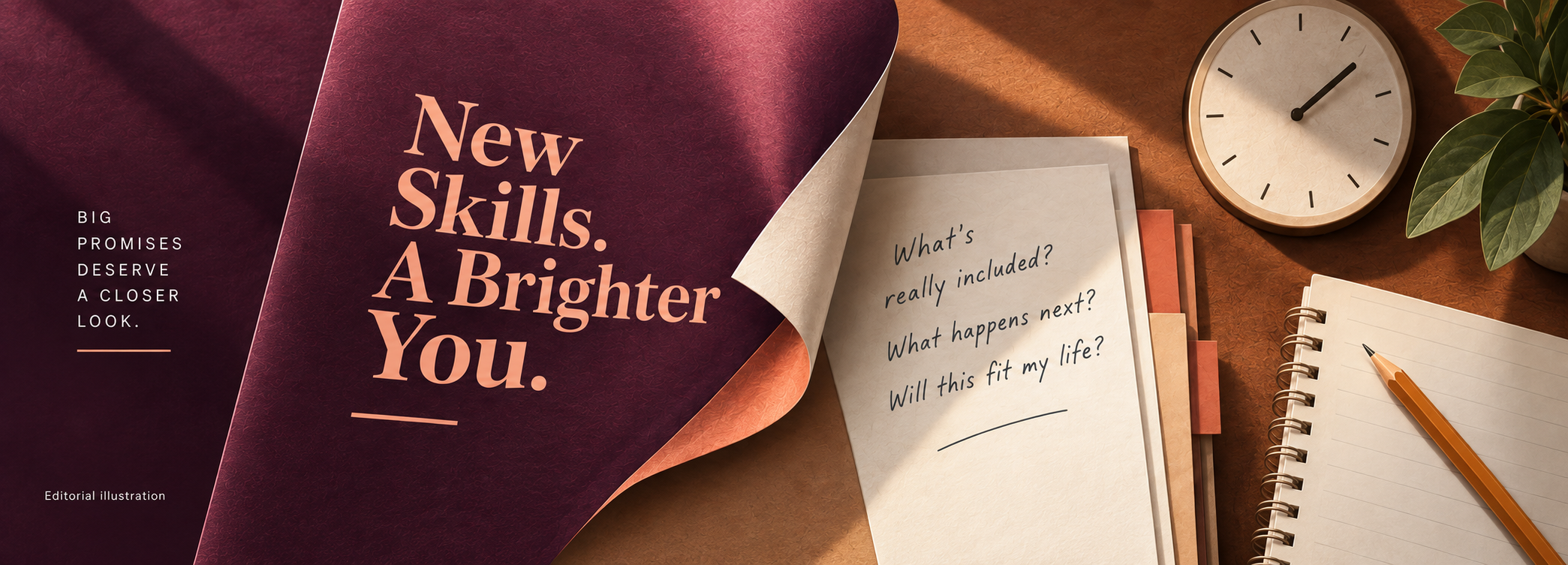 Editorial illustration: a promotional page promising new skills and a brighter you peels back to reveal questions about what is included, what happens next, and whether the work fits your life.
